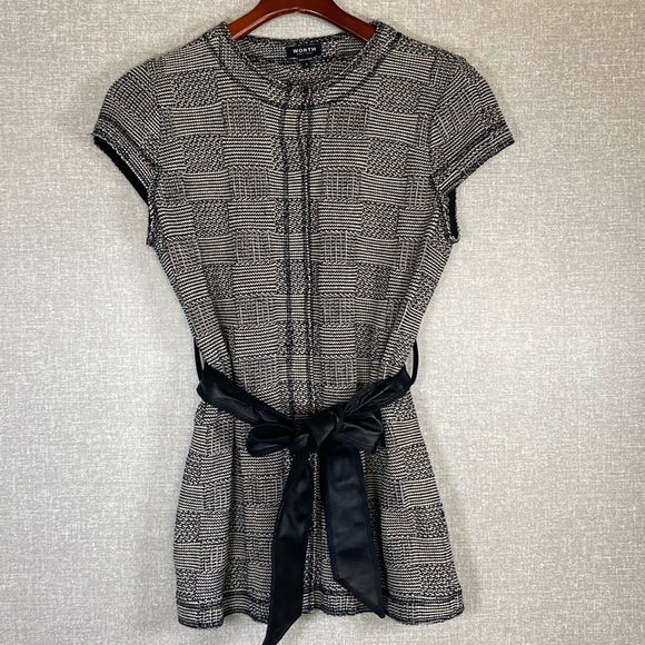 Worth New York Black and White Checkered Pattern Knit Long Leather Tie Snap Vest - Picture 1 of 8